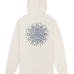 White hoodie with a blue and black mandala design on a white background