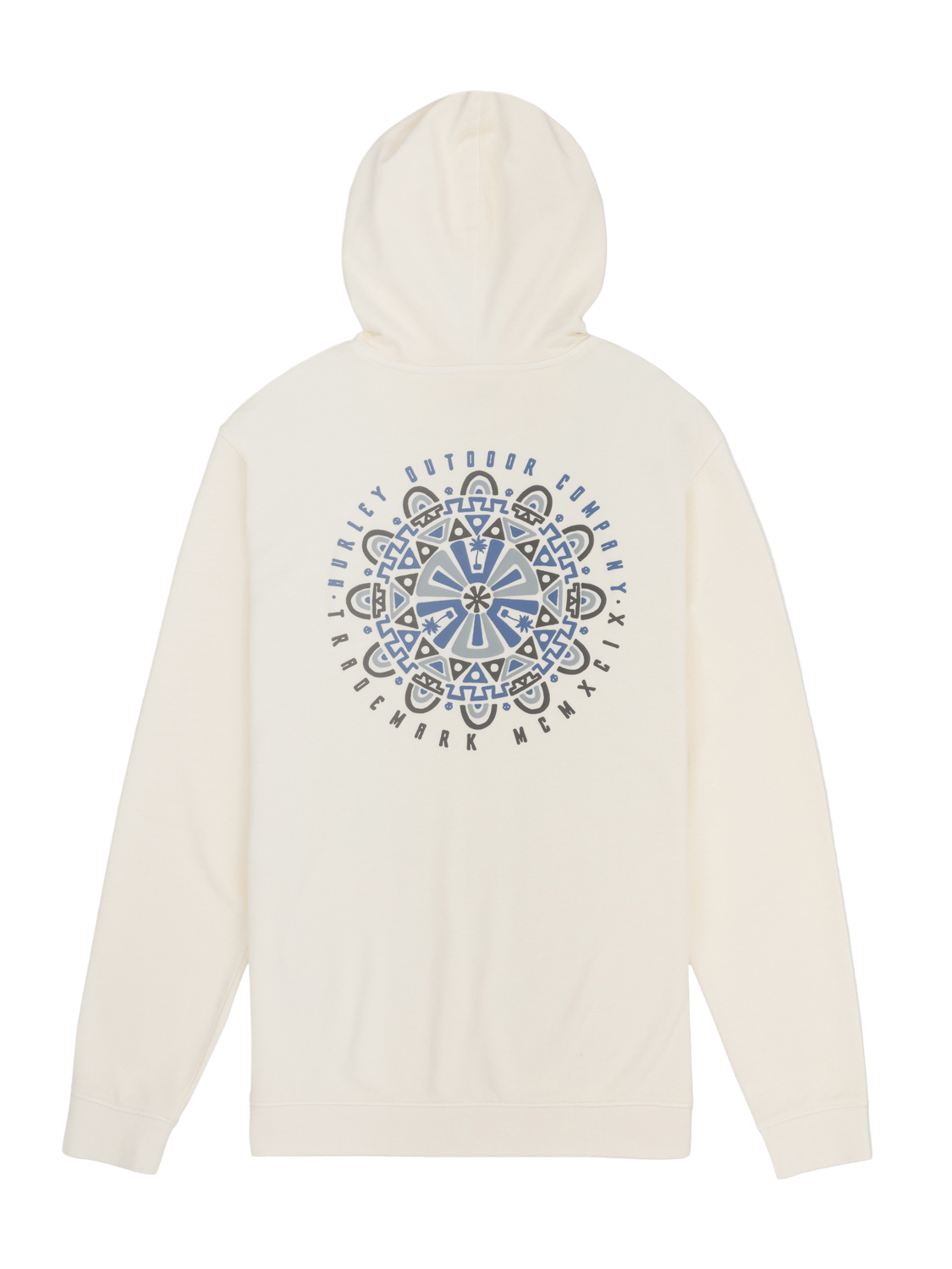 White hoodie with a blue and black mandala design on a white background