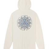 White hoodie with a blue and black mandala design on a white background