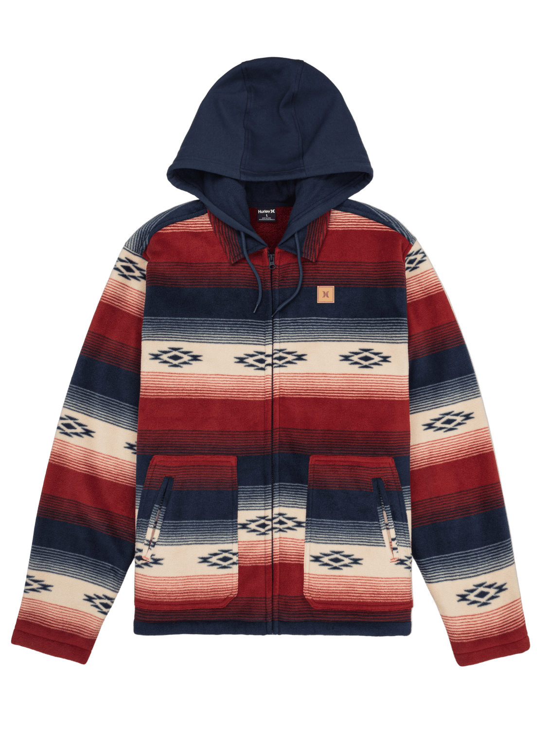 Hoodie with red, blue, and white pattern on a white background