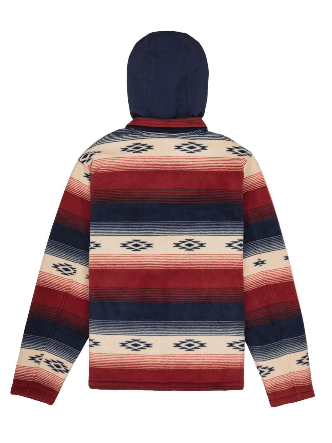 Hoodie with a geometric pattern in red, blue, and beige on a white background
