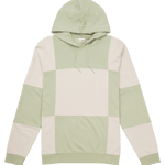Green and beige color-blocked hoodie on a white background