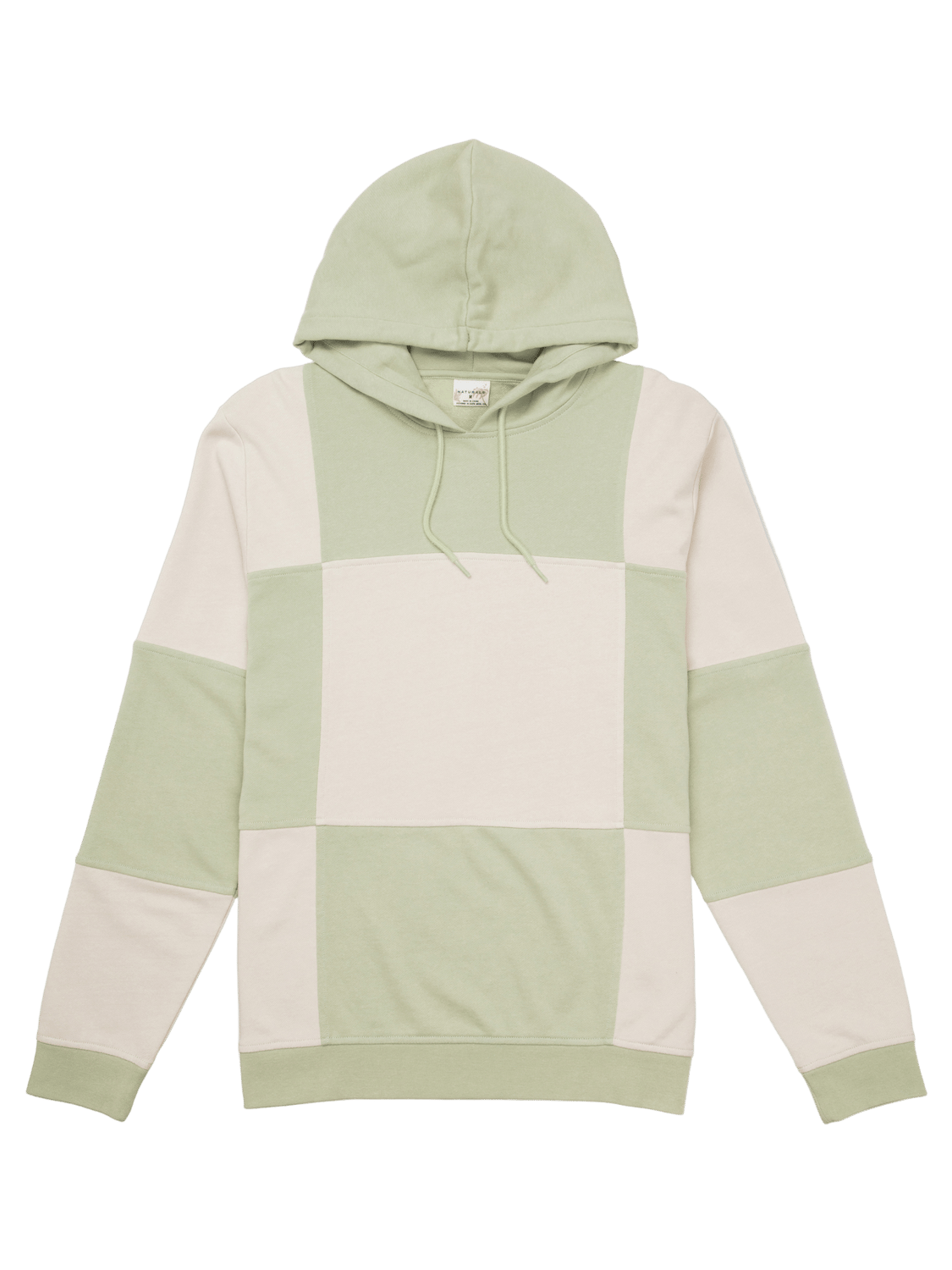 Green and beige color-blocked hoodie on a white background