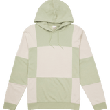 Green and beige color-blocked hoodie on a white background