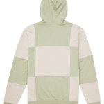 Green and beige patchwork hoodie on a white background