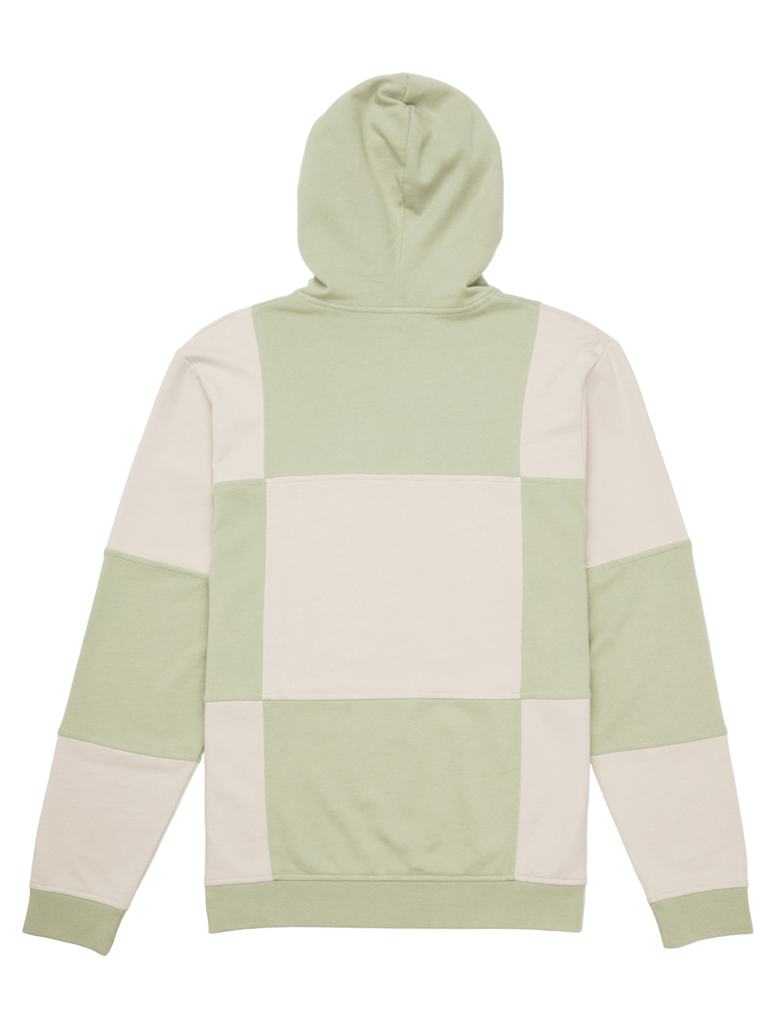 Green and beige patchwork hoodie on a white background