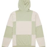 Green and beige patchwork hoodie on a white background