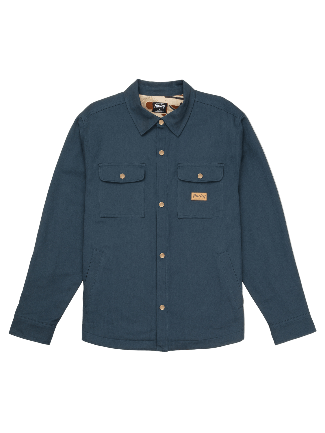 Navy blue shirt with two front pockets on a white background