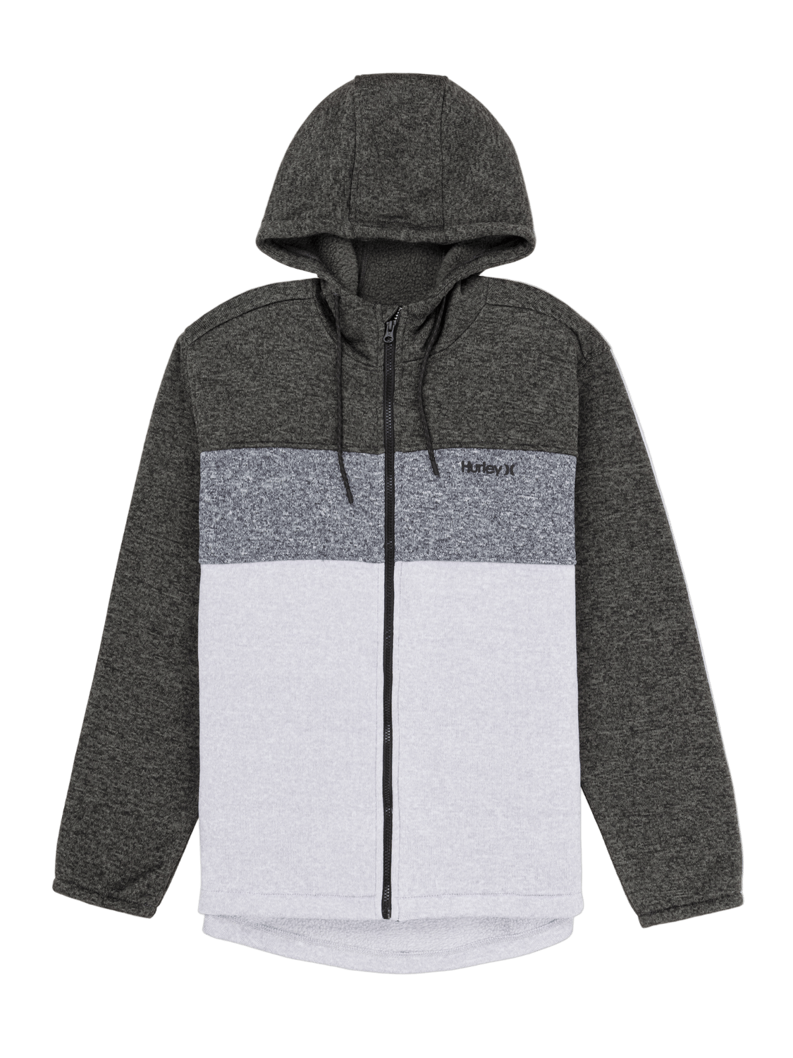 Hoodie with gray and white color block design on a white background