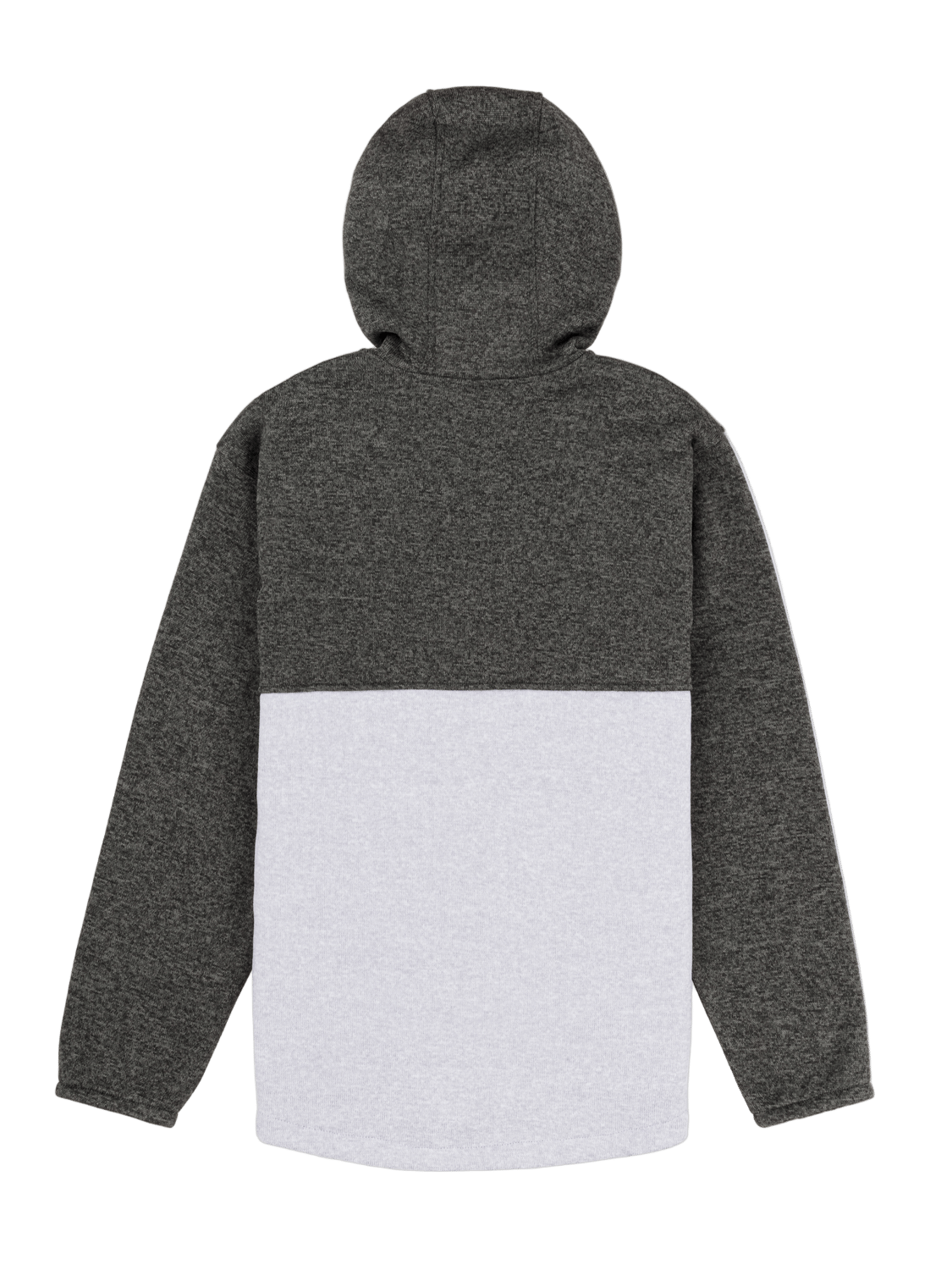 Back view of a gray and white hoodie on a white background
