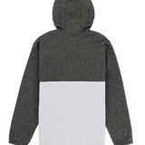 Back view of a gray and white hoodie on a white background