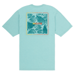 Light blue t-shirt with a graphic design on the back against a white background