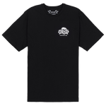 Black t-shirt with a white logo on a white background