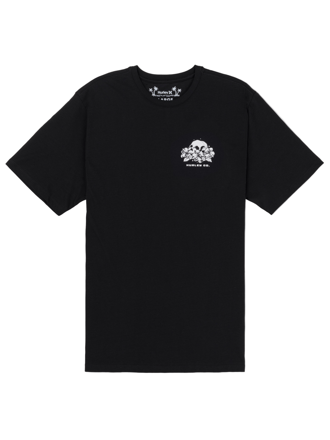 Black t-shirt with a white logo on a white background
