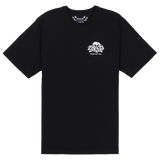 Black t-shirt with a white logo on a white background