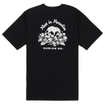 Black t-shirt with white graphic design on a white background