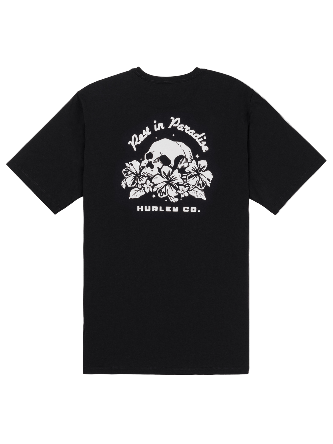 Black t-shirt with white graphic design on a white background