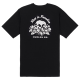 Black t-shirt with white graphic design on a white background