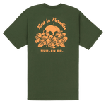 Green t-shirt with orange graphic design on a white background