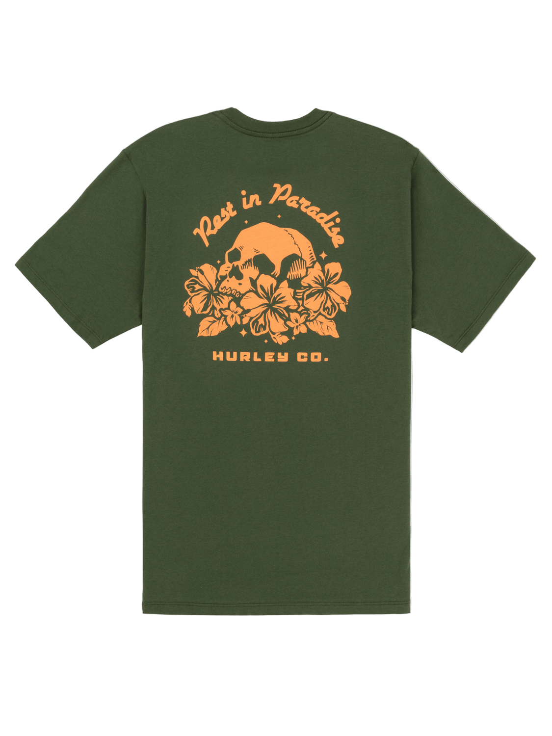 Green t-shirt with orange graphic design on a white background