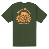 Green t-shirt with orange graphic design on a white background