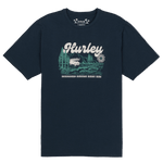 Navy blue t-shirt with graphic design and 'Hurley' branding on a white background