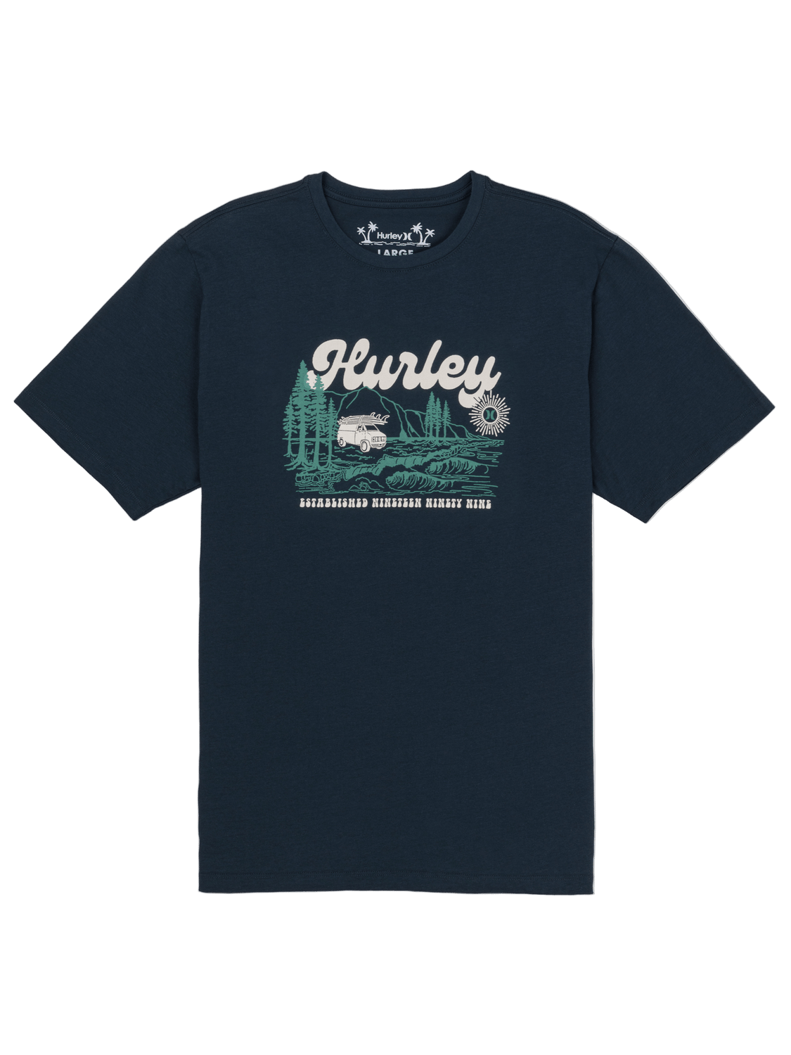 Navy blue t-shirt with graphic design and 'Hurley' branding on a white background