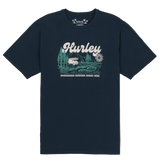 Navy blue t-shirt with graphic design and 'Hurley' branding on a white background