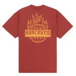 Red t-shirt with yellow Hurley logo on a white background