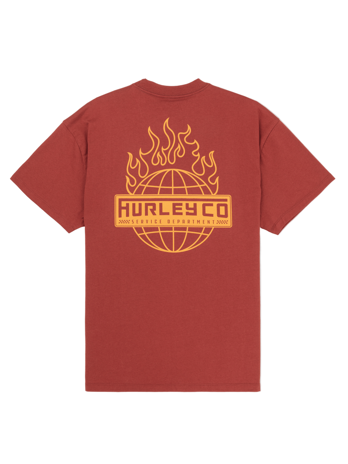 Red t-shirt with yellow Hurley logo on a white background