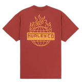 Red t-shirt with yellow Hurley logo on a white background