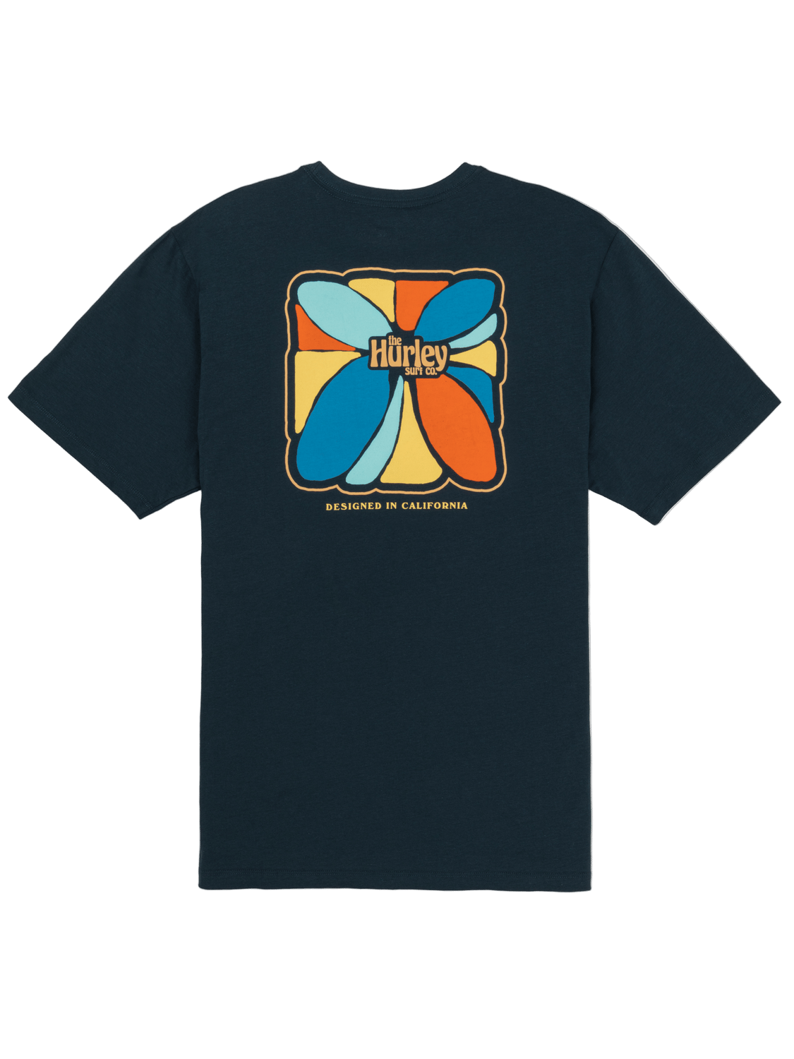 Black t-shirt with colorful graphic and 'Hurley' logo on a white background