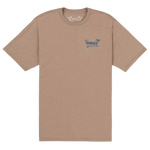 Brown t-shirt with a logo on the chest against a white background