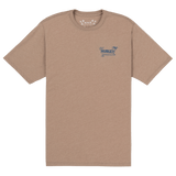 Brown t-shirt with a logo on the chest against a white background