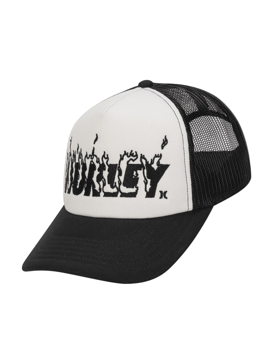 Black and white cap with a brand logo on a white background
