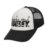 Black and white cap with a brand logo on a white background