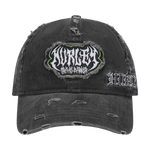 Black distressed cap with embroidered text on a white background