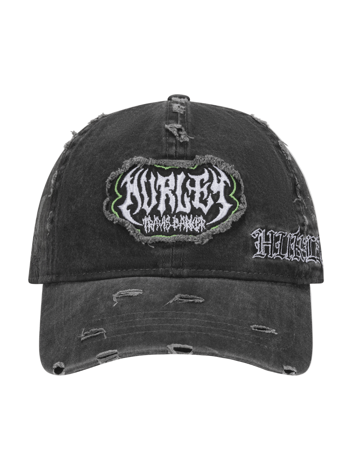 Black distressed cap with embroidered text on a white background