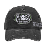 Black distressed cap with embroidered text on a white background