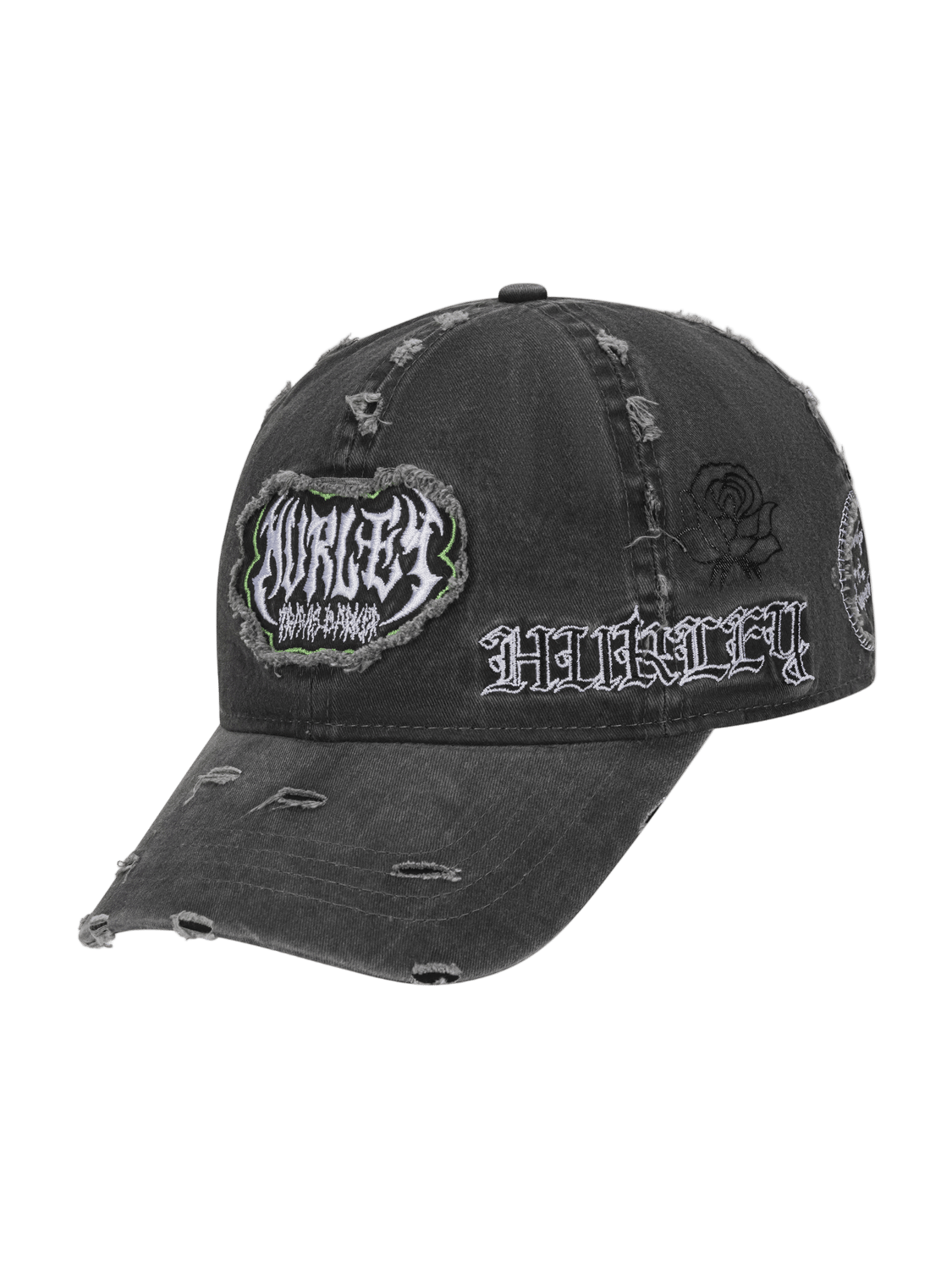 Black distressed cap with 'Harley' branding on a white background