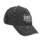 Black distressed baseball cap with a logo on a white background