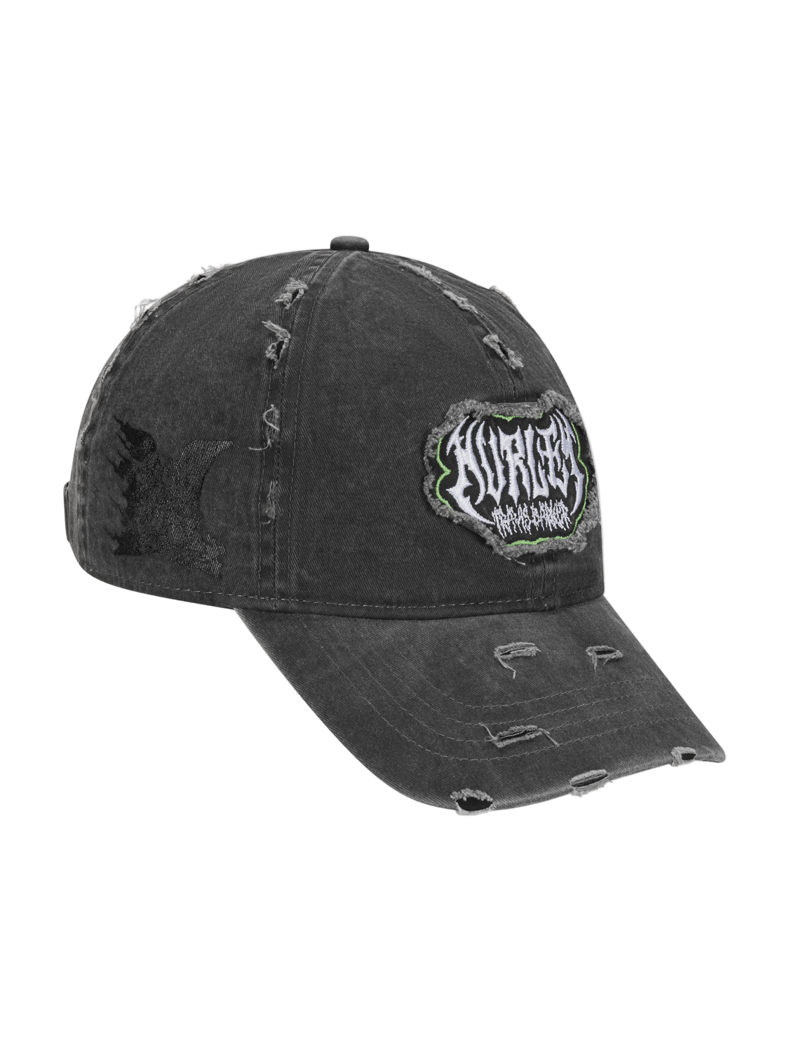 Black distressed baseball cap with a logo on a white background