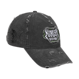 Black distressed baseball cap with a logo on a white background