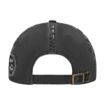 Black cap with a logo on the back against a white background