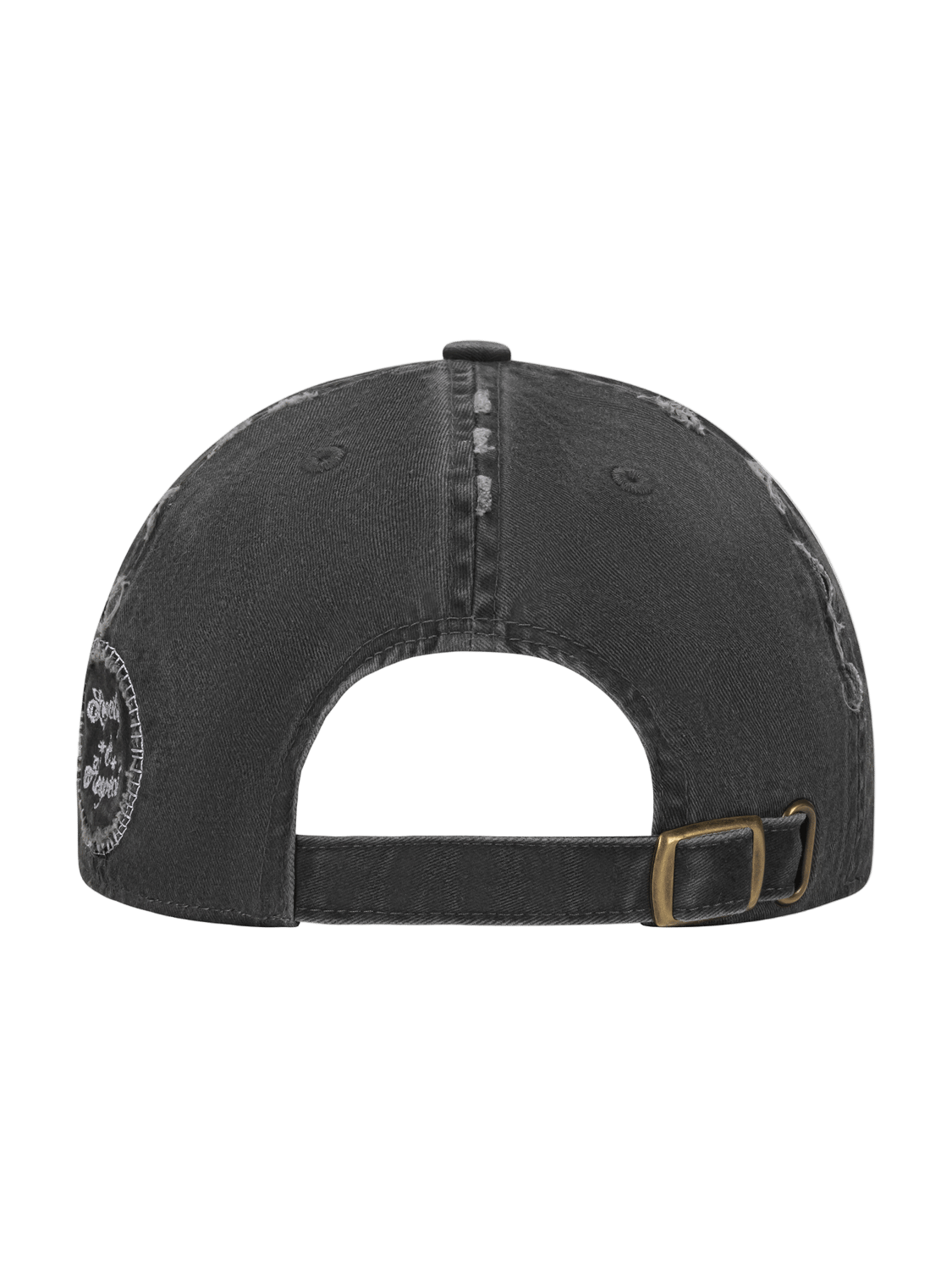 Black cap with a logo on the back against a white background