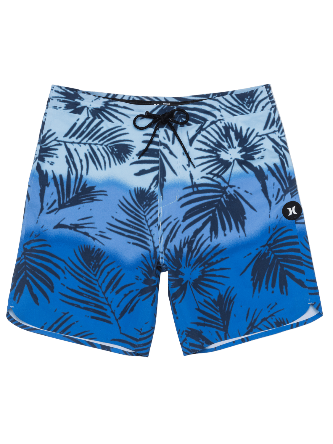 Blue and black tropical leaf patterned shorts on a white background