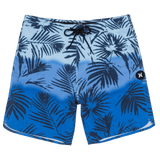 Blue and black tropical leaf patterned shorts on a white background