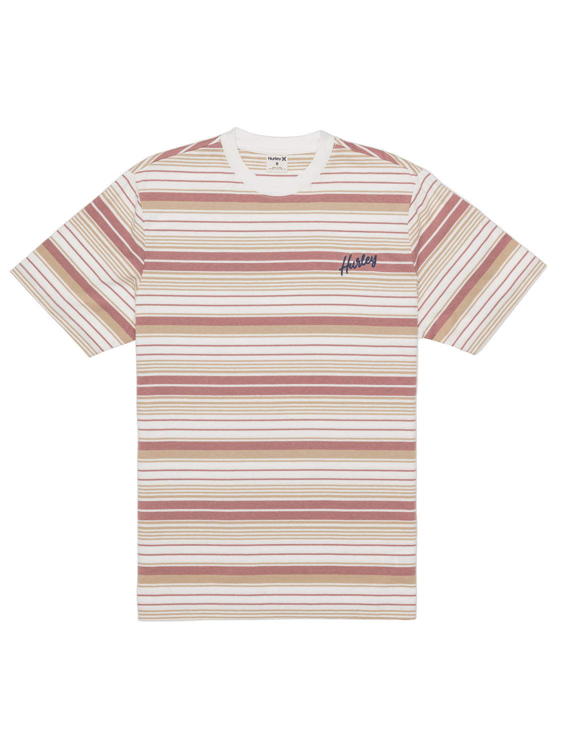 Striped t-shirt with a logo on a white background