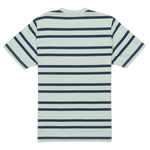 Striped t-shirt with blue and white horizontal stripes on a light background