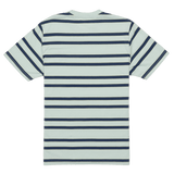 Striped t-shirt with blue and white horizontal stripes on a light background